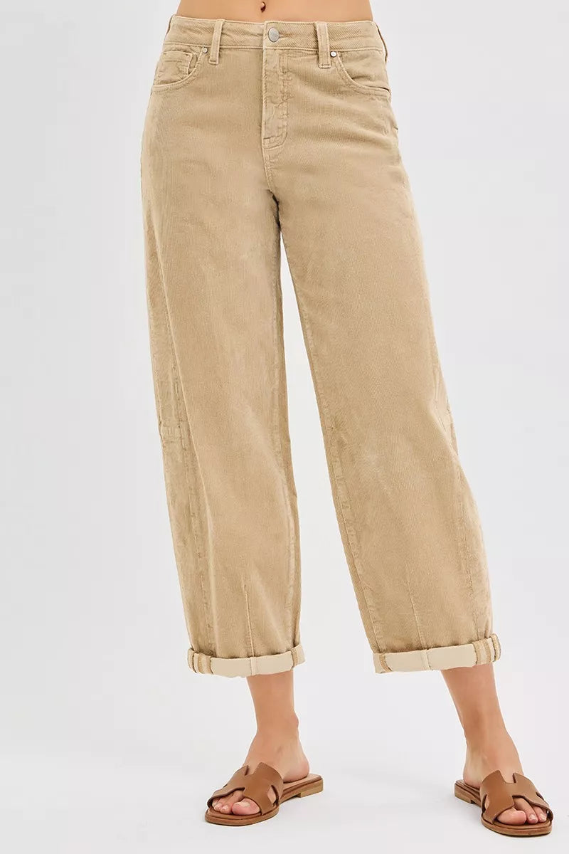 RISEN High Rise Crop Barrel Cordurory Pants in TAN - photo