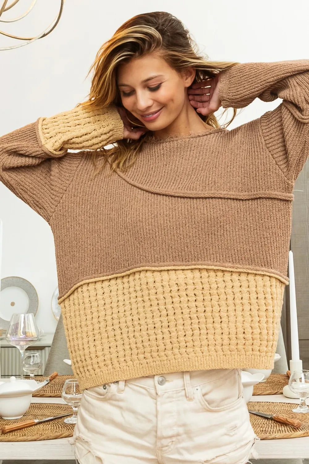 BiBi Texture Detail Contrast Drop Shoulder Sweater - SwagglyLife Home & Fashion