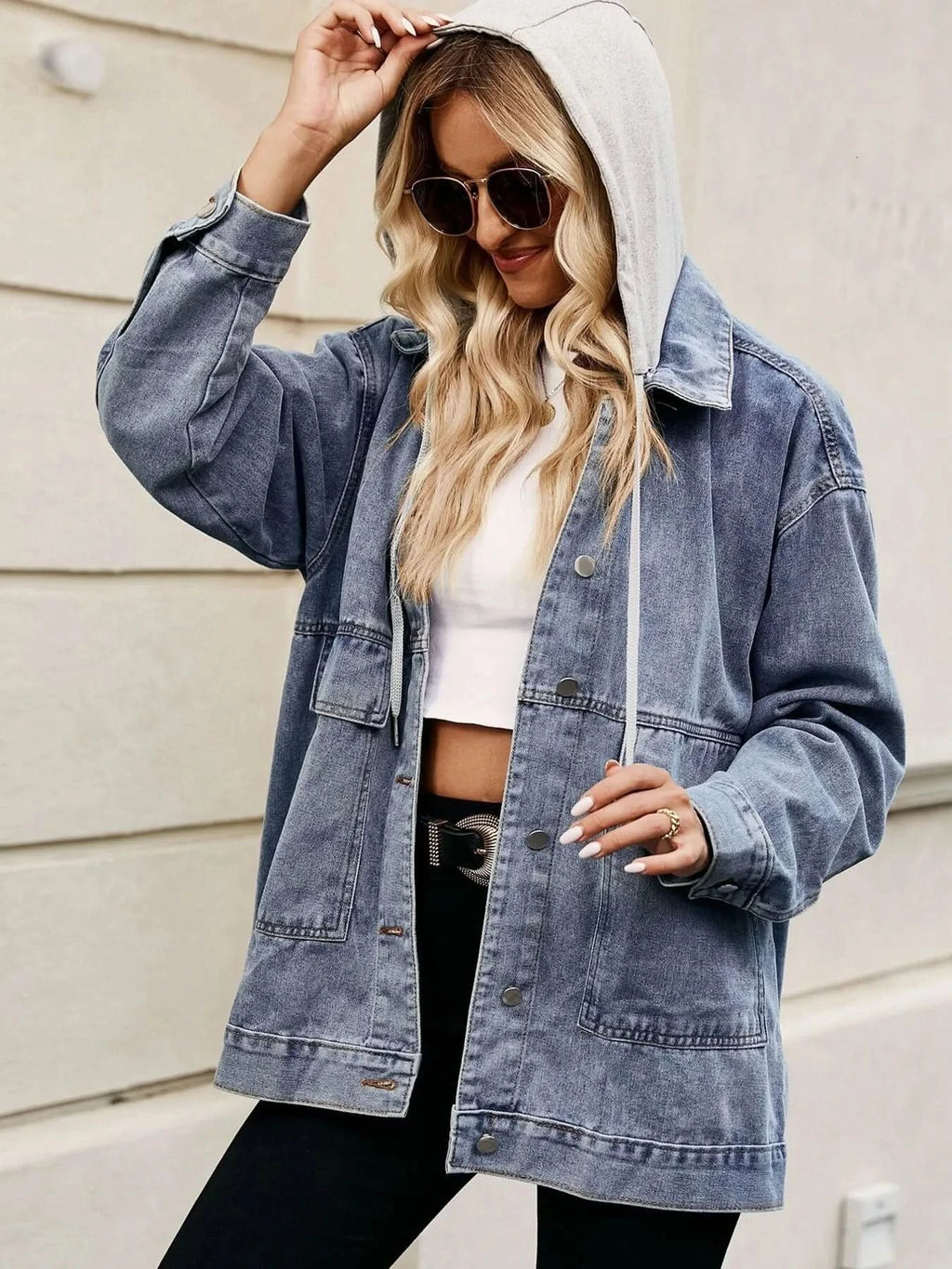 Oversized Button Up Denim Jacket with Hood in - photo