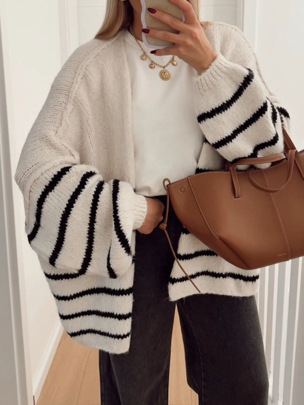 Striped Open Front Dropped Shoulder Cardigan in Apricot - photo