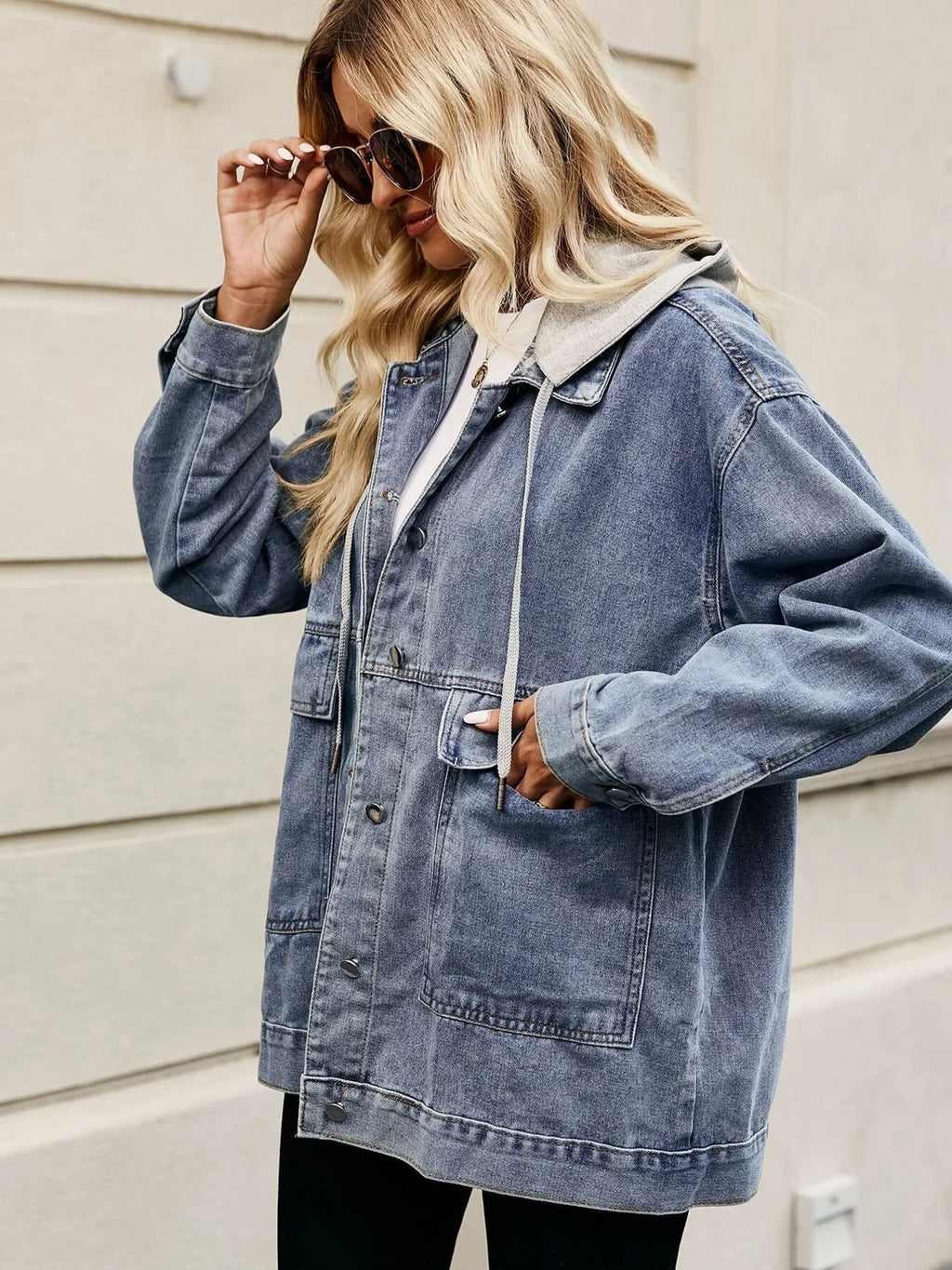 Oversized Button Up Denim Jacket with Hood in - photo