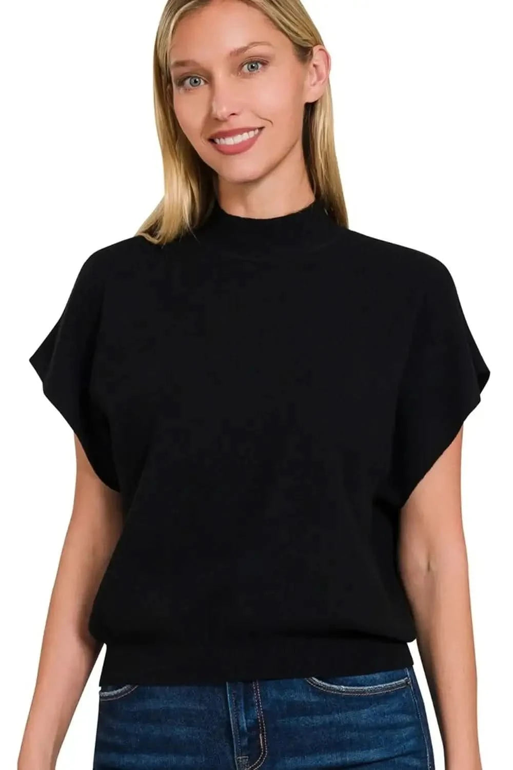 Zenana Mock Neck Short Dolman Sleeve Sweater in BLACK - photo