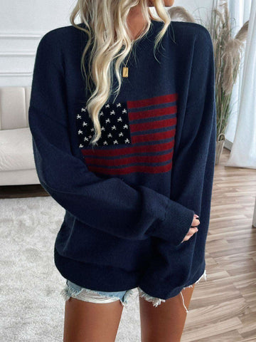 Devine US Flag Round Neck Long Sleeve Knit Top - SwagglyLife Home & Fashion Devine US Flag Round Neck Long Sleeve Knit Top - SwagglyLife Home & Fashion