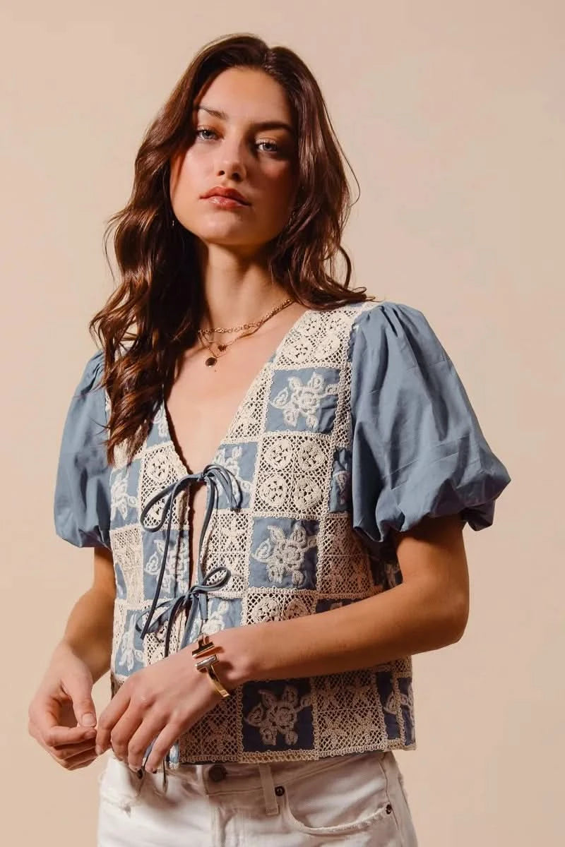 SO ME Crochet Lace Tie Front V Neck Blouse Top - SwagglyLife Home & Fashion