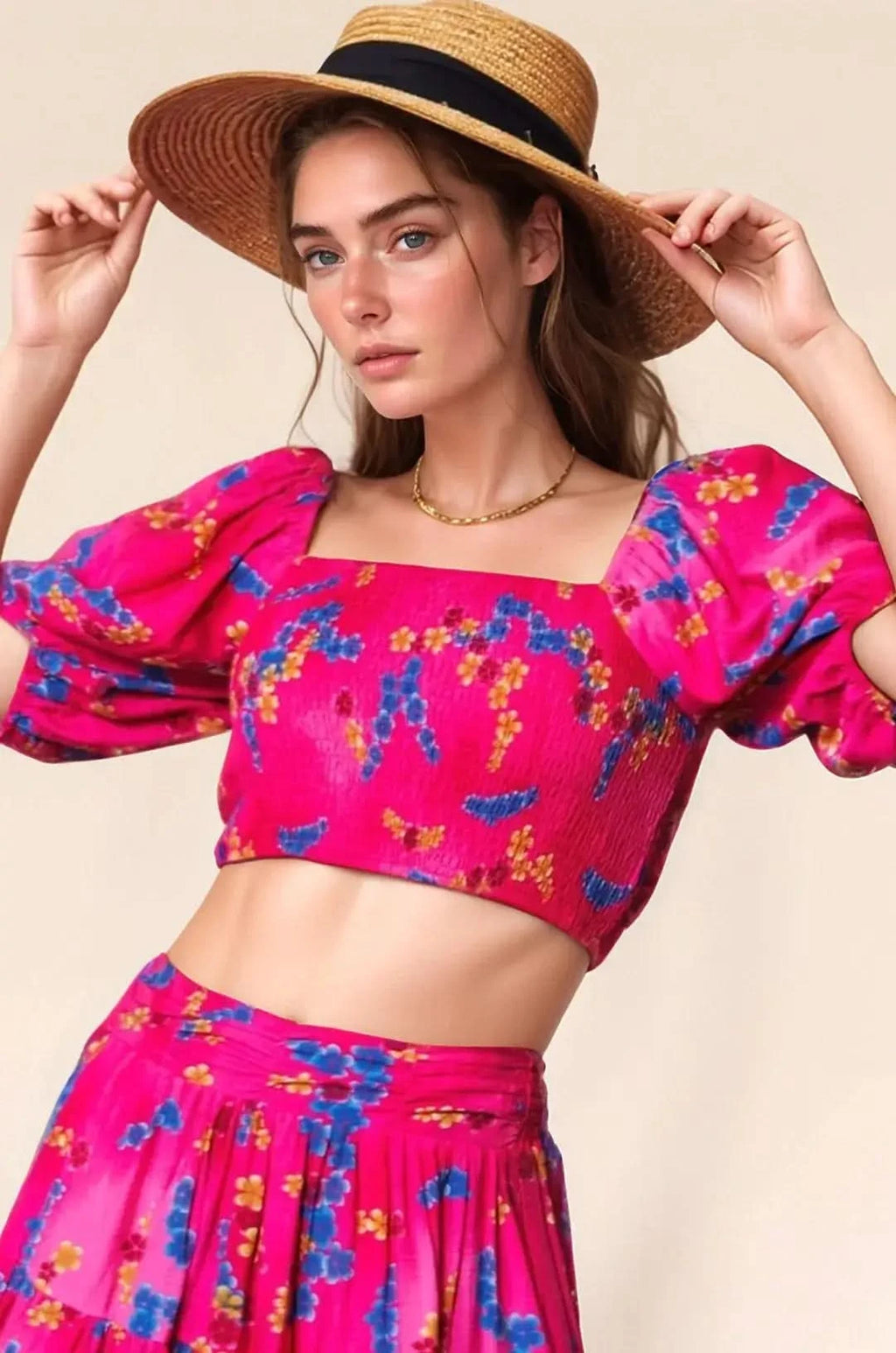 Davi & Dani Smocking Bodice Puff Short Sleeve Printed Crop Top in CANDY PINK - photo