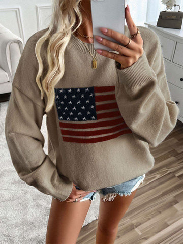 Devine US Flag Round Neck Long Sleeve Knit Top - SwagglyLife Home & Fashion Devine US Flag Round Neck Long Sleeve Knit Top - SwagglyLife Home & Fashion