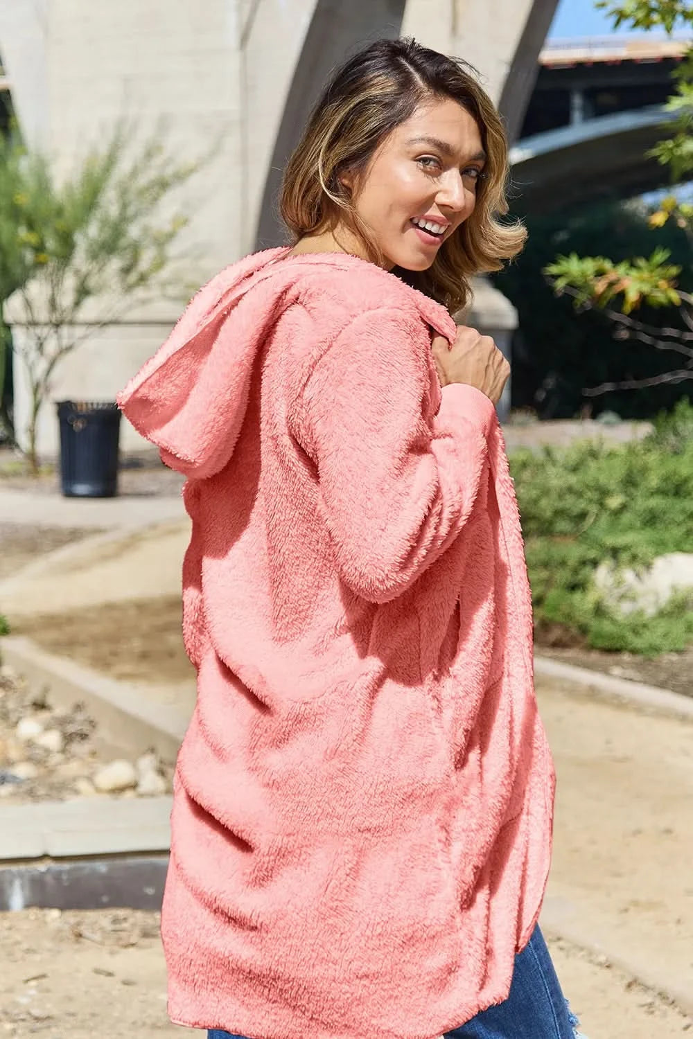 Double Take Full Size Hooded Teddy Bear Jacket with Thumbholes in - photo