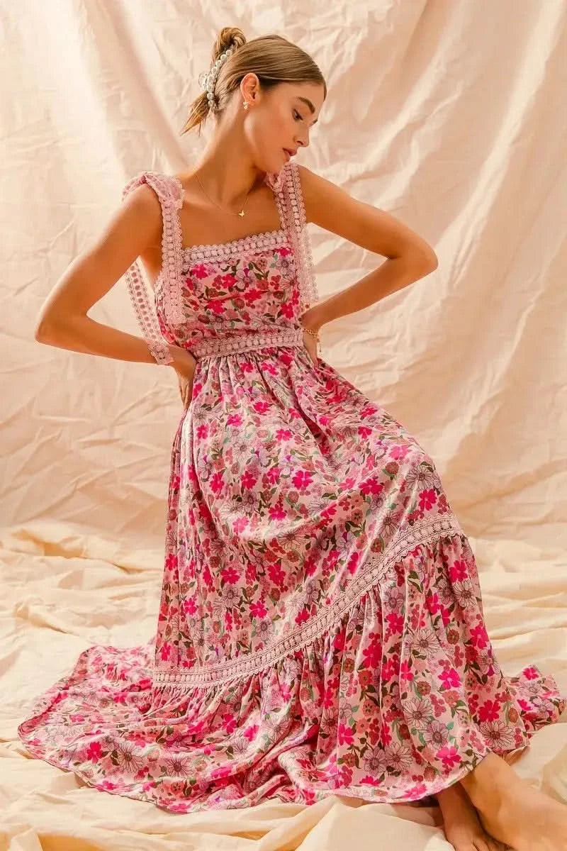 SO ME Floral Maxi Dress With Ribbon Tie Lace Strap in - photo