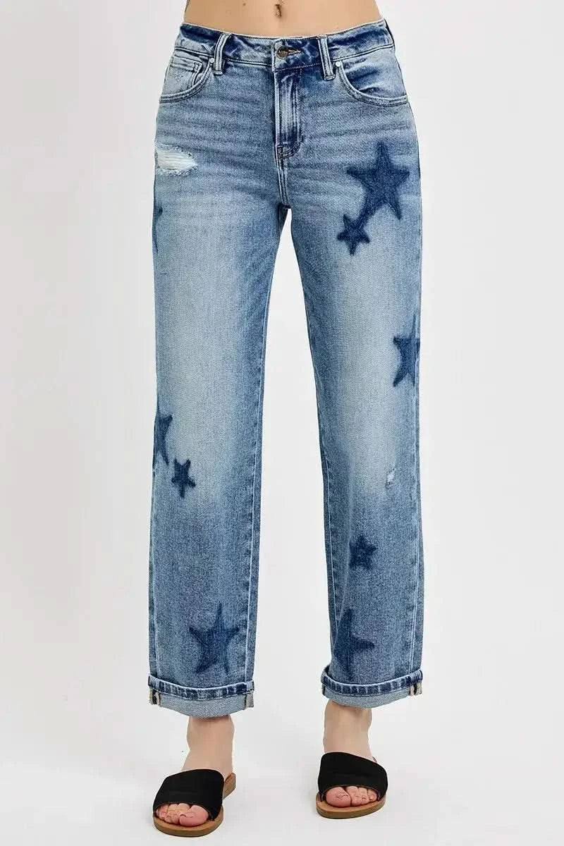 RISEN Full Size Mid Rise Boyfriend Star Shadow Detail Cuffed Jeans Plus Size in - photo