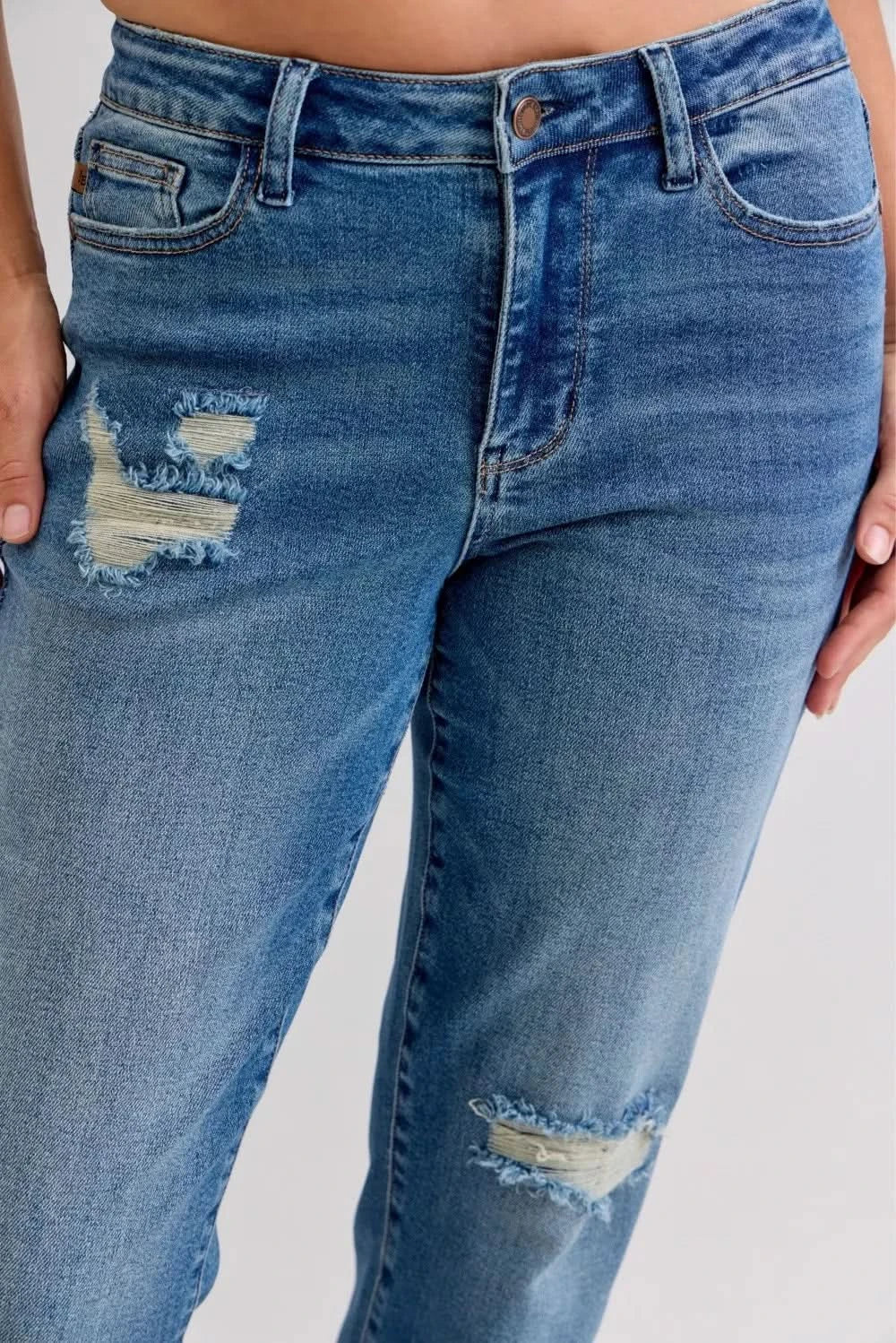 Judy Blue Full Size Mid Rise Bf Patch & Repair Destroy Release Hem Jeans Plus Size in - photo