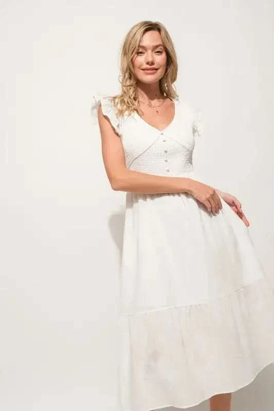 And The Why Ruffle Sleeve Front Smocked Tiered Midi Dress in - photo