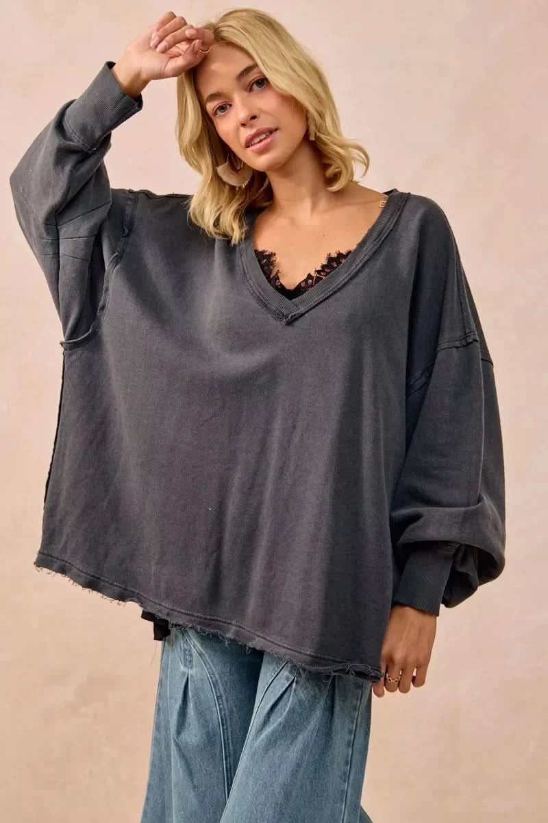 BiBi Mineral Washed French Terry Oversized Sweatshirt in ASH - photo