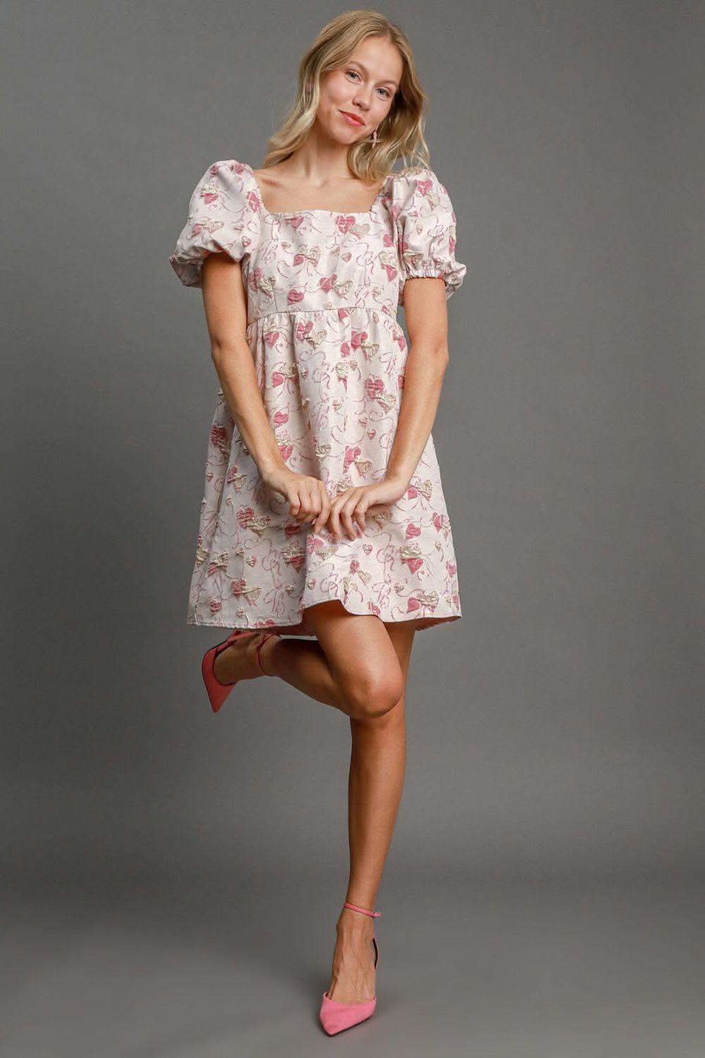 Umgee Heart Jacquard Square Neck Puff Sleeve Mini Dress in Pink - photo