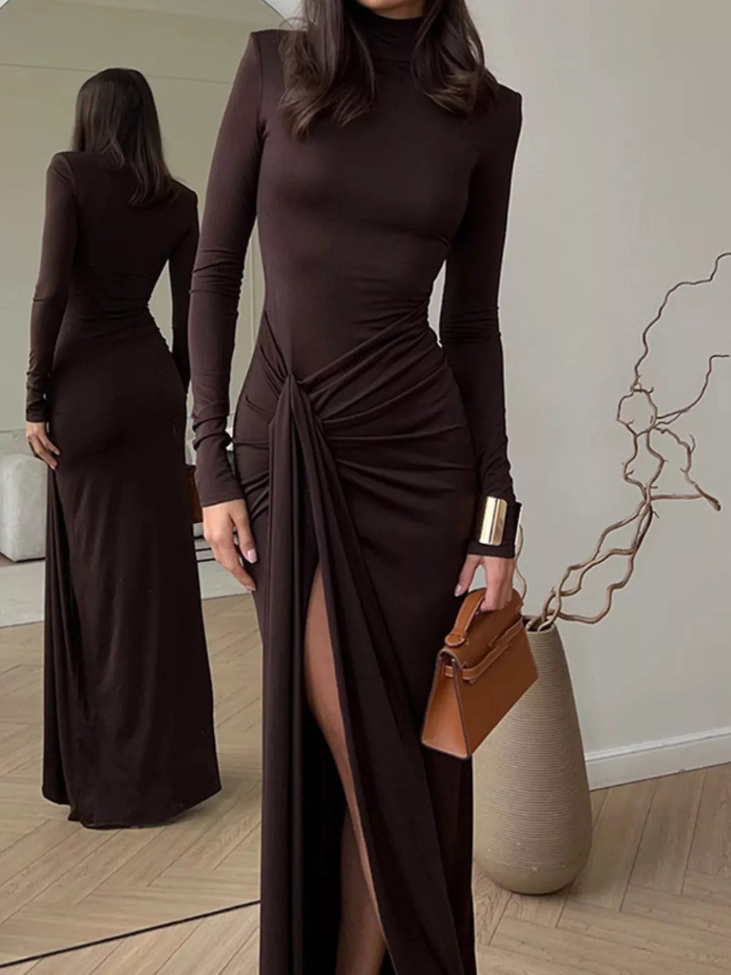 Turtleneck Long Sleeve Slit Maxi Dress in Dark Brown - photo