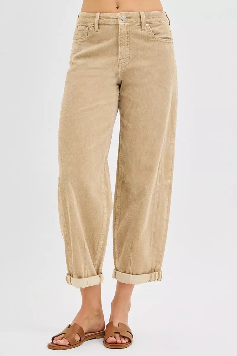 RISEN High Rise Crop Barrel Cordurory Pants in - photo