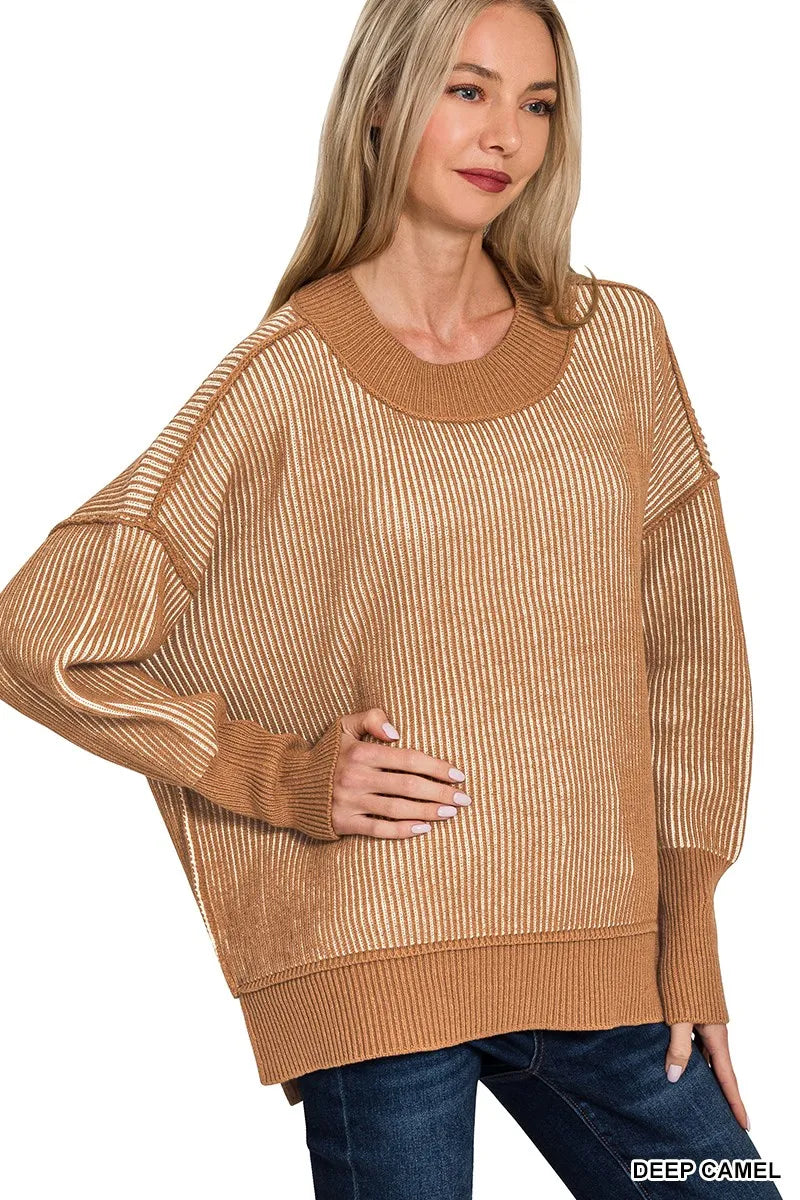 Zenana Exposed Seam Two Tone Ribbed Sweater in DEEP CAMEL - photo