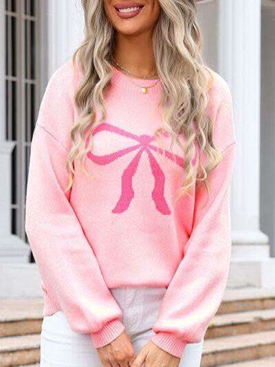 Angel Wings Bow Graphic Round Neck Long Sleeve Sweater in - photo