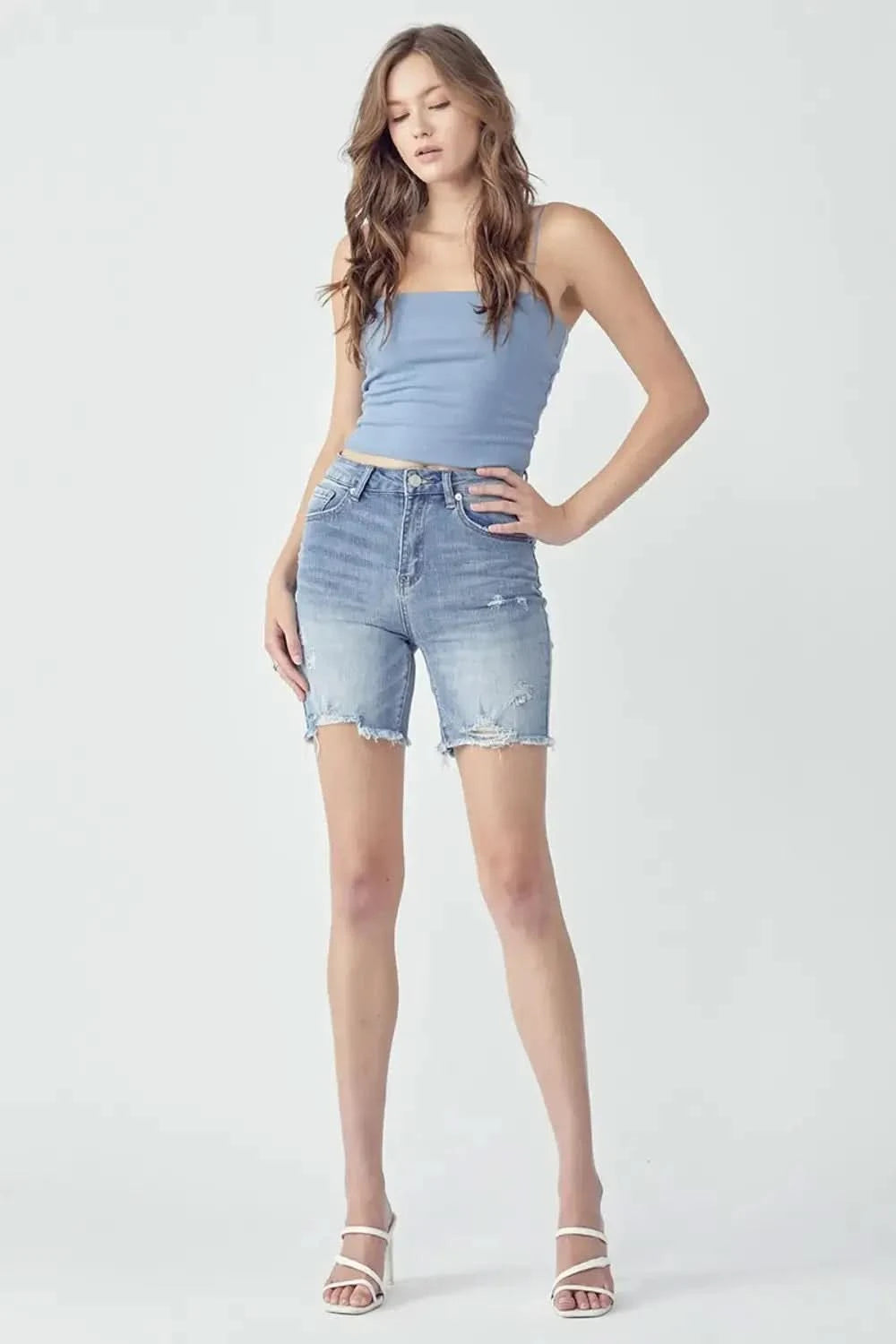 RISEN High Rise Distressed Denim Shorts in - Shorts photo