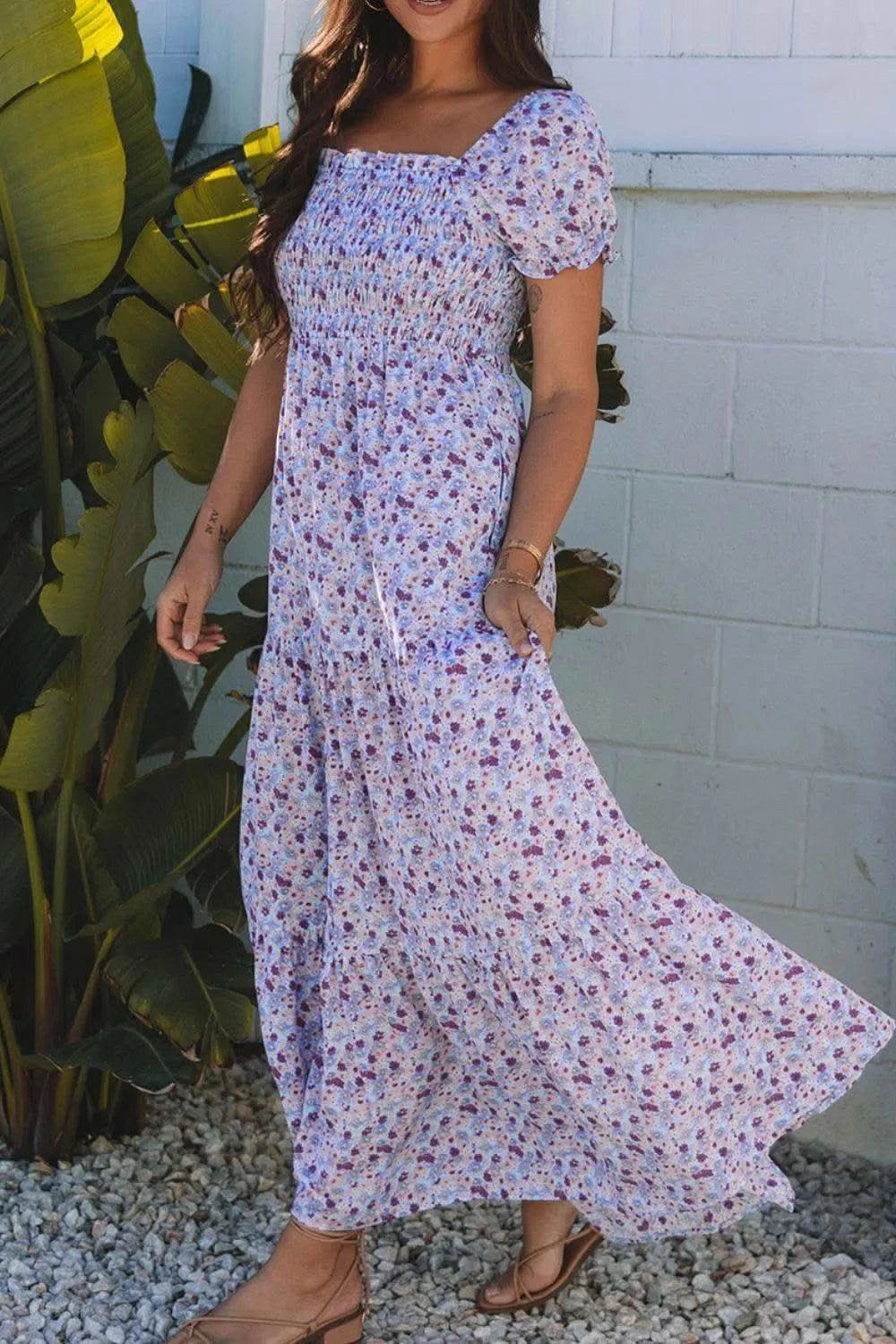 Tiered Floral Shirred High Waist Maxi Dress in - photo