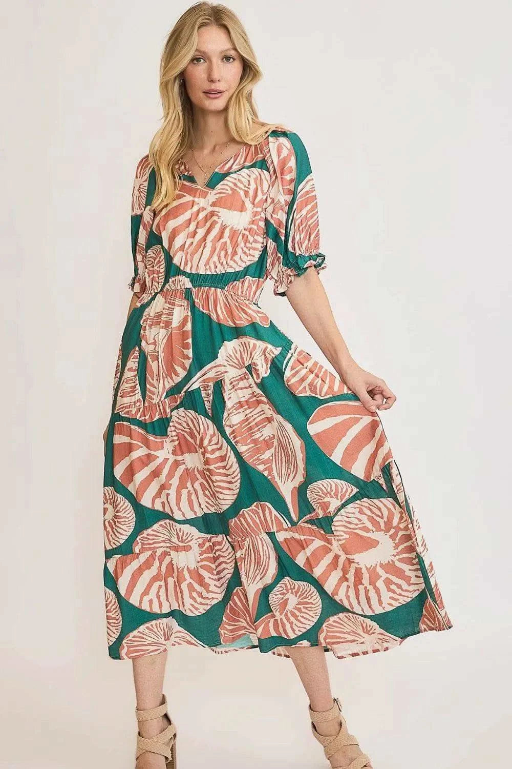 Umgee Full Size Printed Notched Puff Sleeve Midi Dress Plus Size in GREEN CLAY - Dresses photo