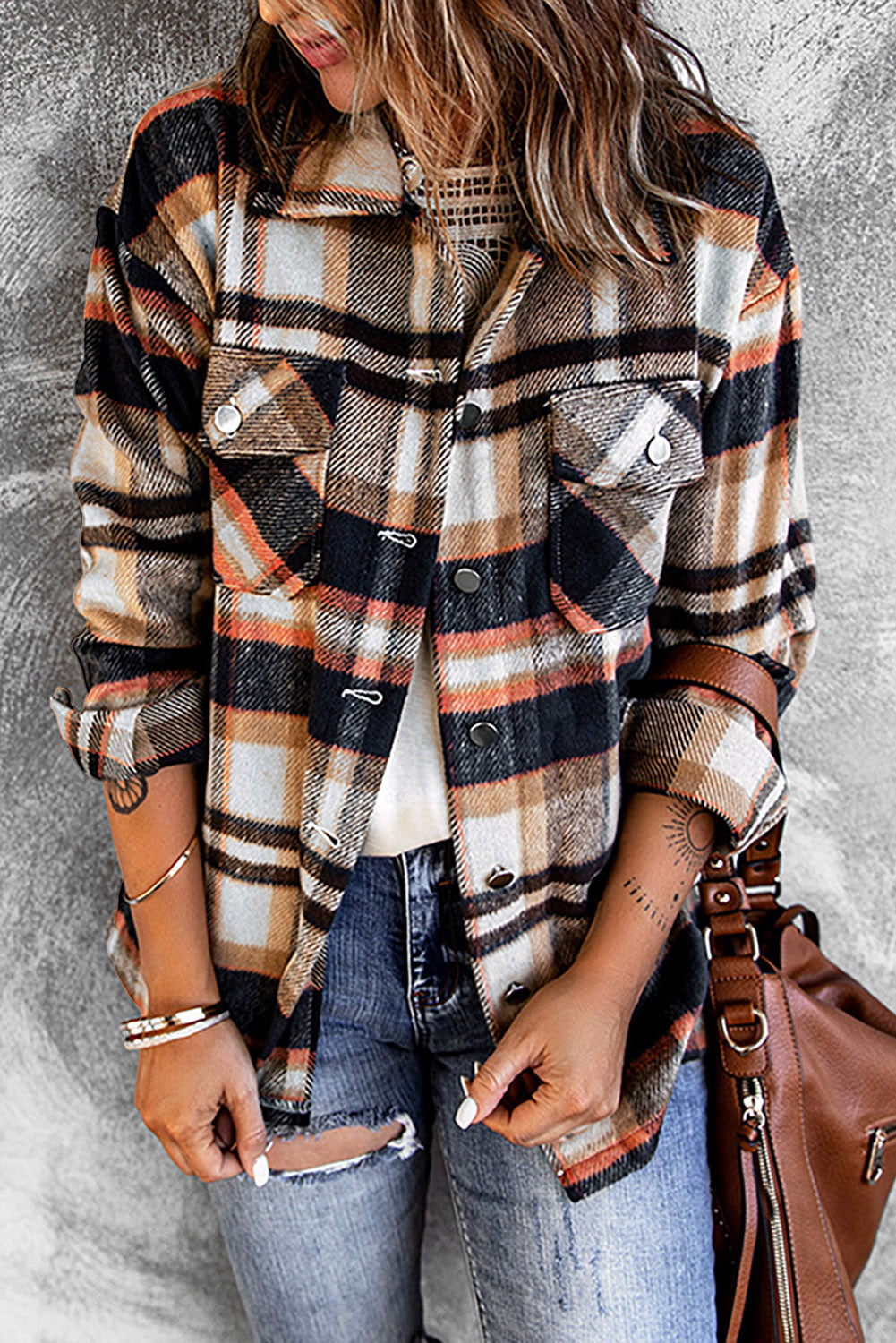 Plaid Button Front Shirt Jacket with Breast Pockets in Blue - photo