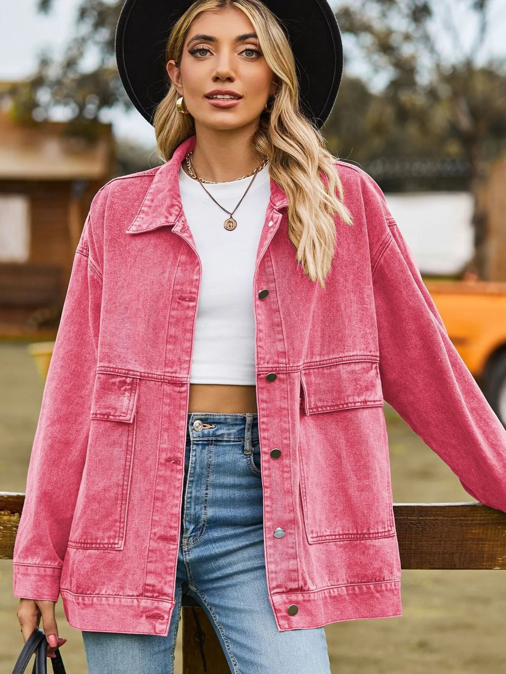 Oversized Button Up Denim Jacket with Hood in - photo