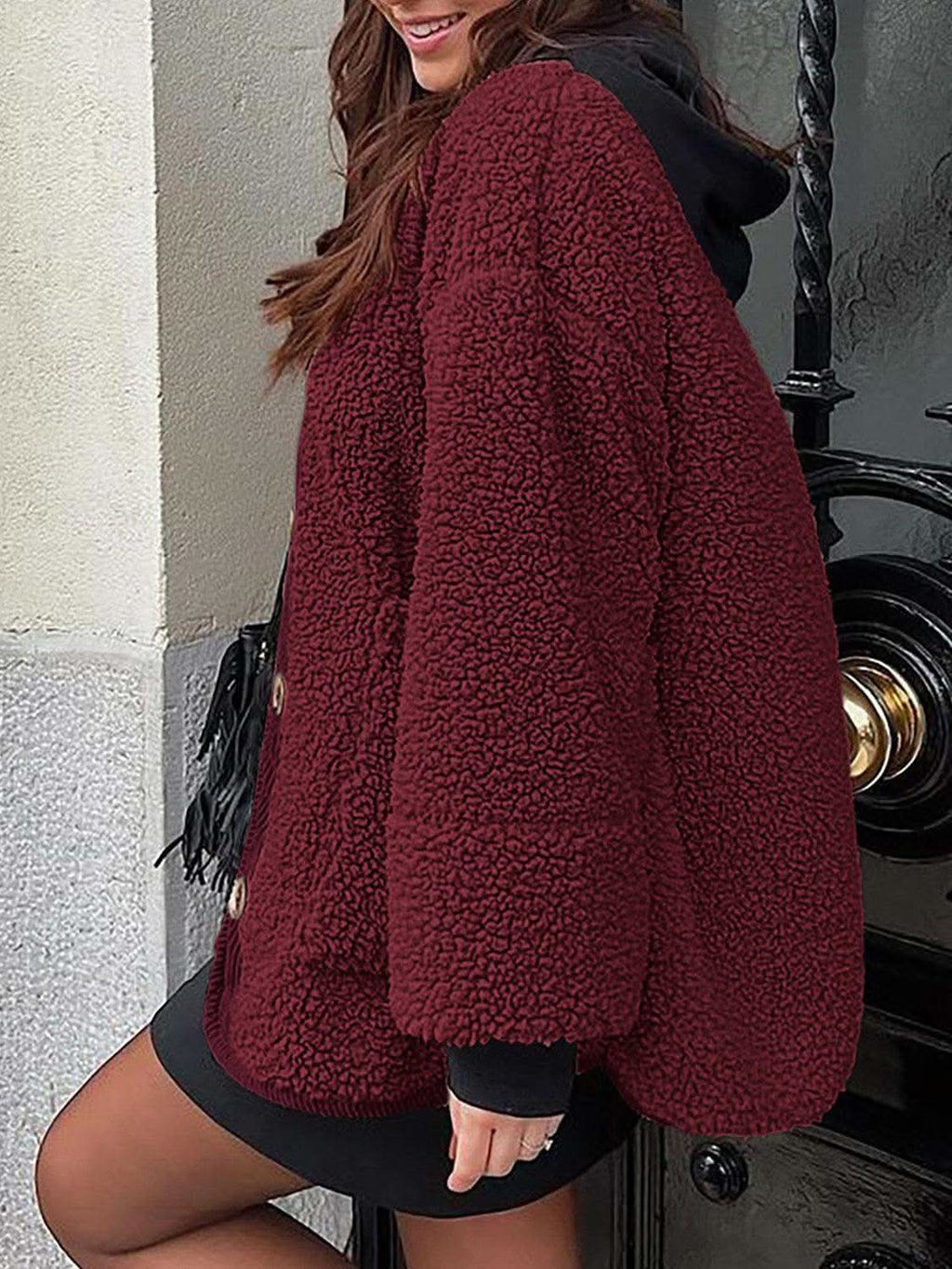 Contrast Button Up Sherpa Jacket with Pockets in - photo