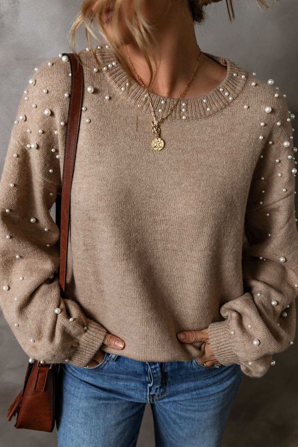 Pearl Detail Round Neck Long Sleeve Sweater - SwagglyLife Home & Fashion