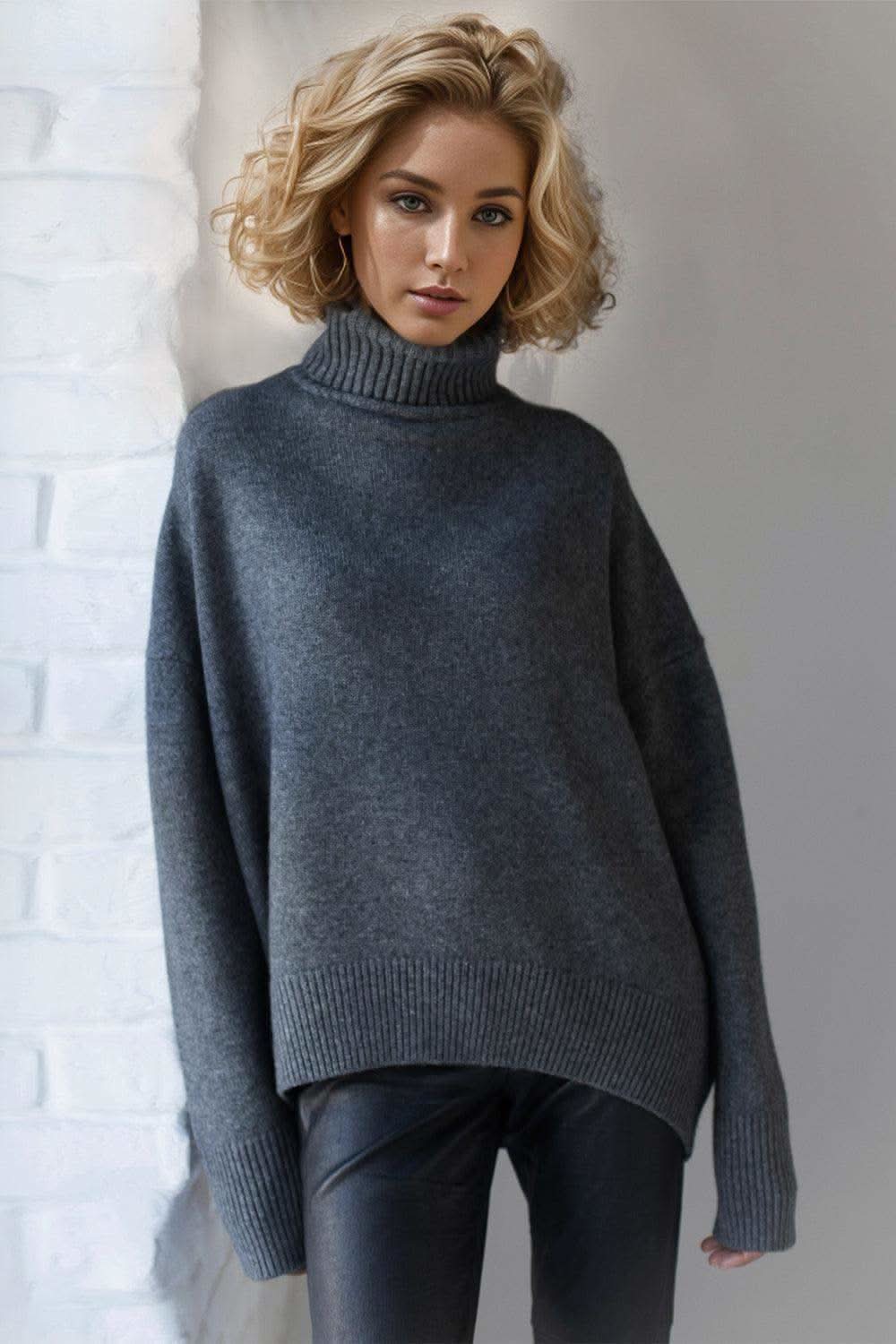 Basic Bae Turtleneck Dropped Shoulder Long Sleeve Sweater in Dark Gray One Size - sweater photo