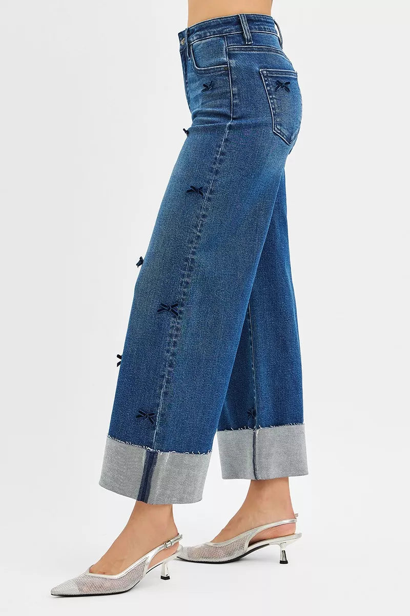 RISEN High Rise Crop Wide Leg Ribbon Detail Jeans - SwagglyLife Home & Fashion