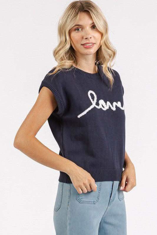 Mittoshop Contrast Letter Round Neck Cap Sleeve Knit Top - SwagglyLife Home & Fashion