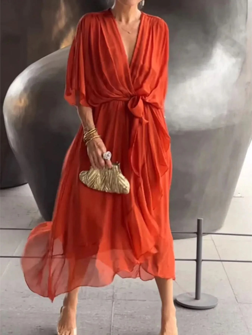 Flowy Tie Front Midi Dress with Flutter Sleeves in Orange - photo