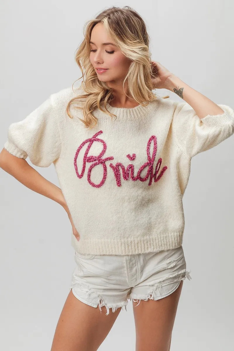BiBi Metallic Letter Short Puff Sleeve Hairy Sweater in - photo