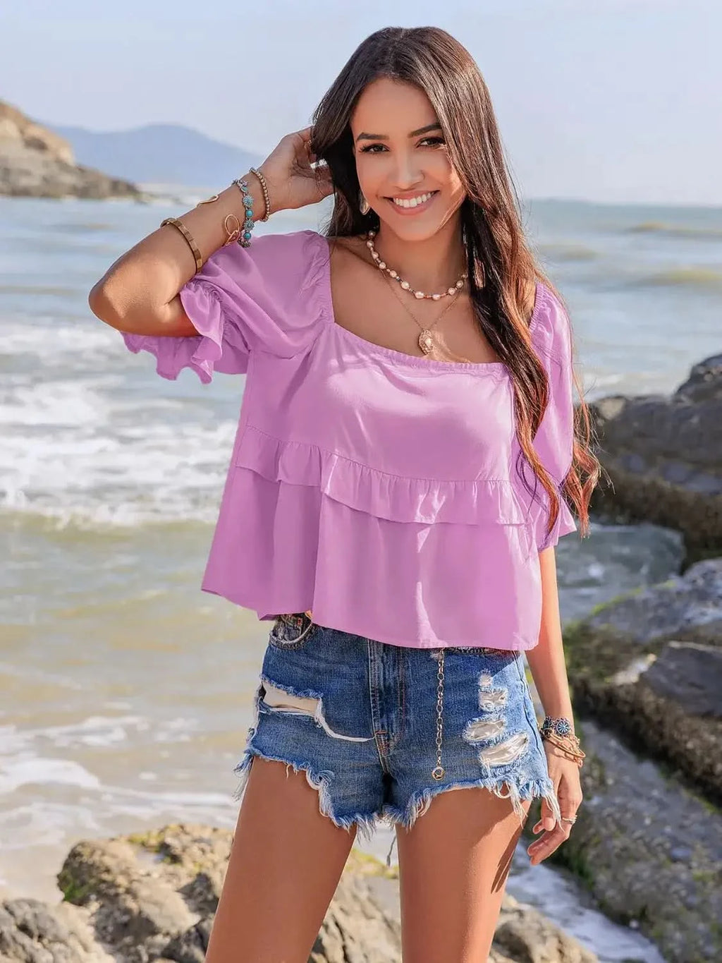Ruffled Square Neck Half Sleeve Blouse in - photo