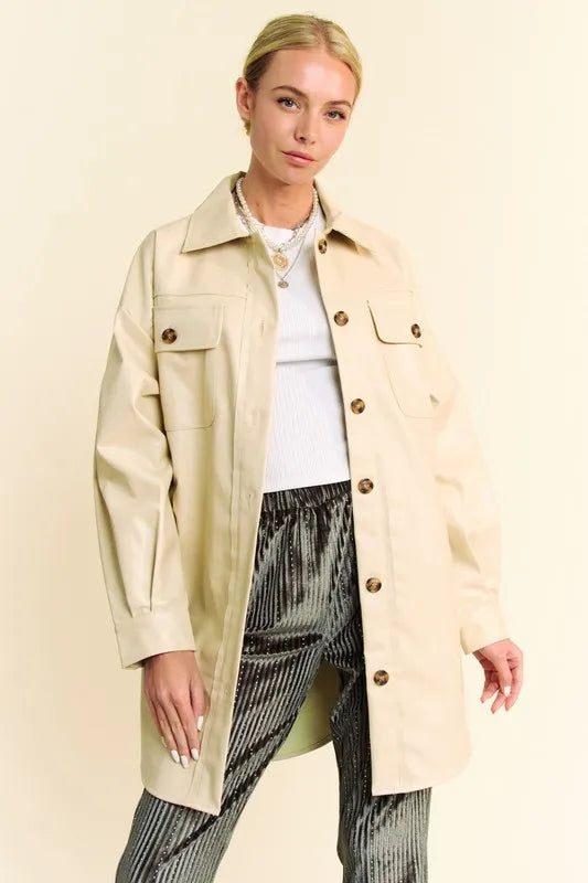 Davi & Dani Faux Leather Button Up Jacket with Chest Pockets in BEIGE - photo