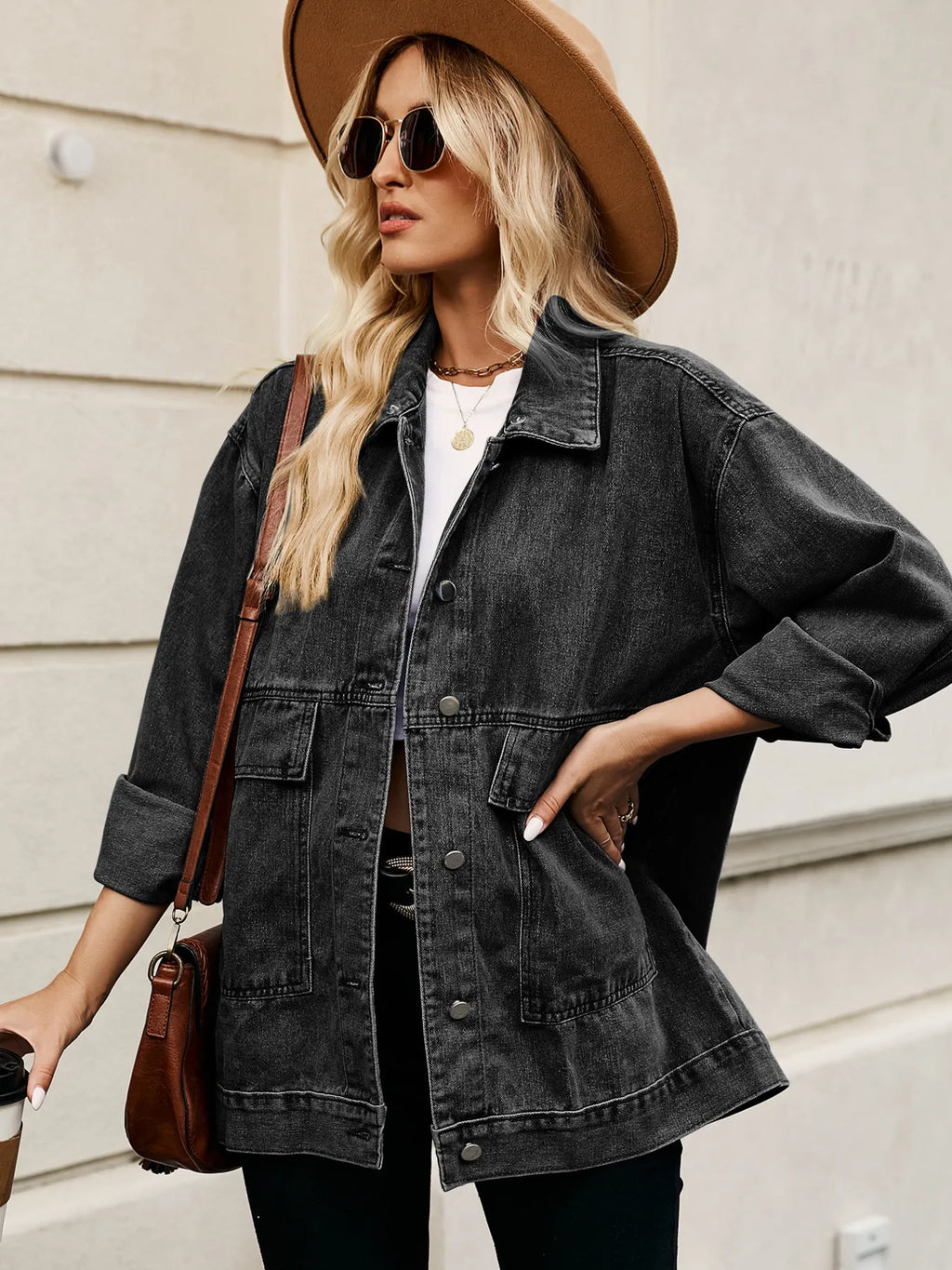 Oversized Button Up Denim Jacket with Hood in - photo