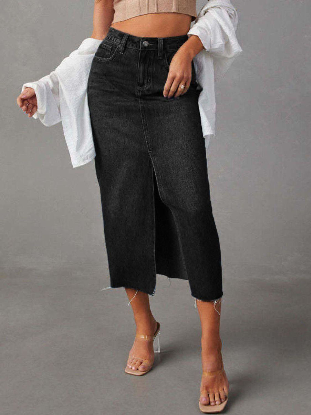 Raw Hem Front Slit Denim Midi Skirt - SwagglyLife Home & Fashion