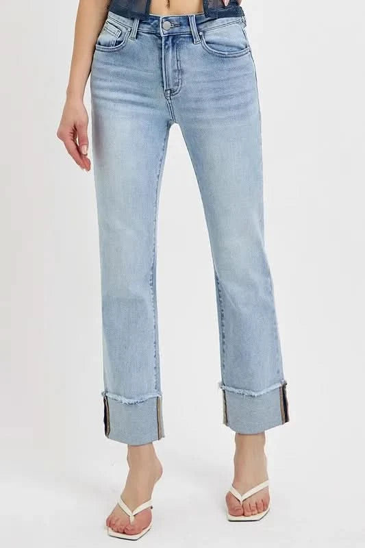 RISEN High Rise Straight Cuffed Relaxed Jeans in - photo