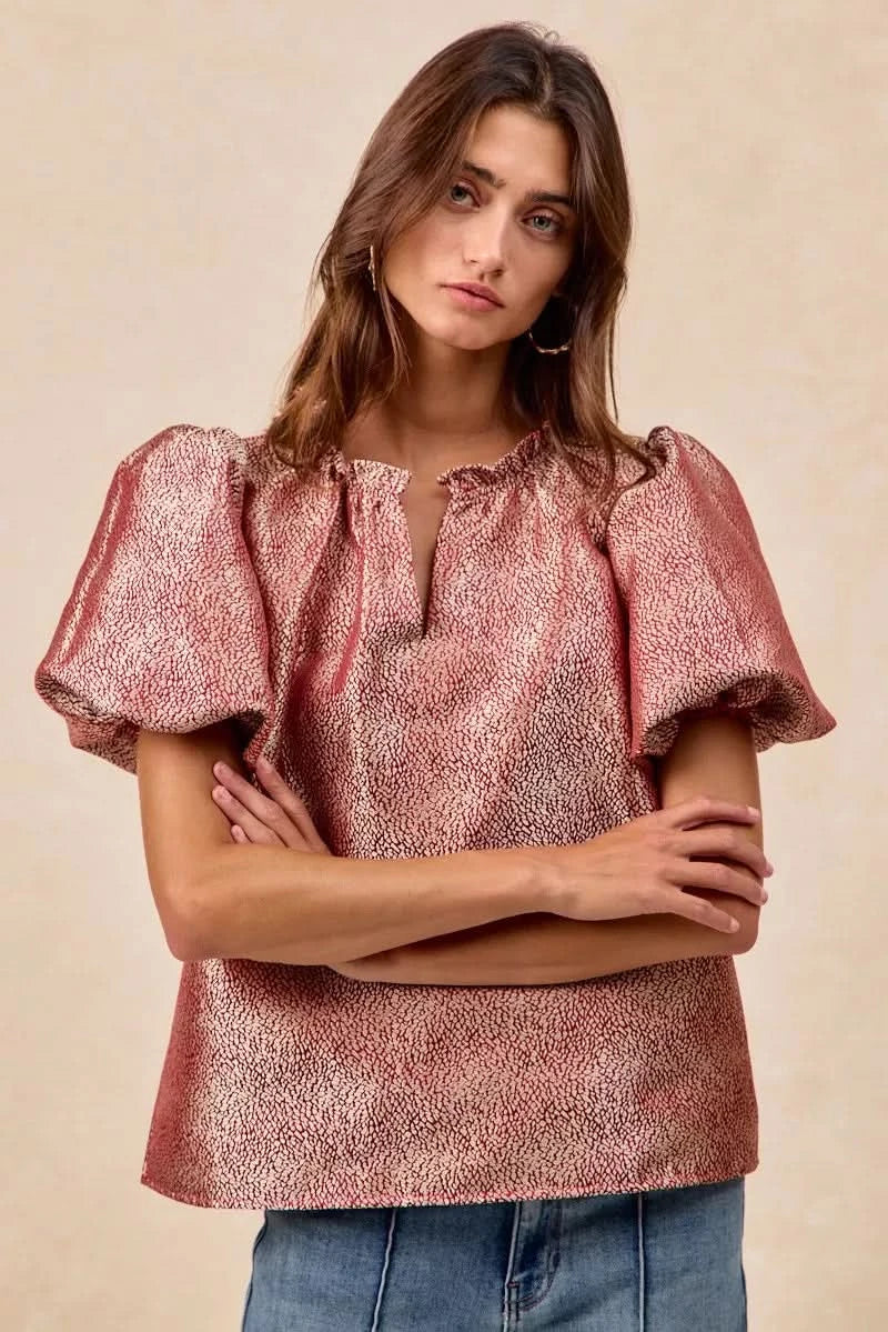 BiBi Jacquard Woven Short Balloon Sleeves V Neck Top in - photo