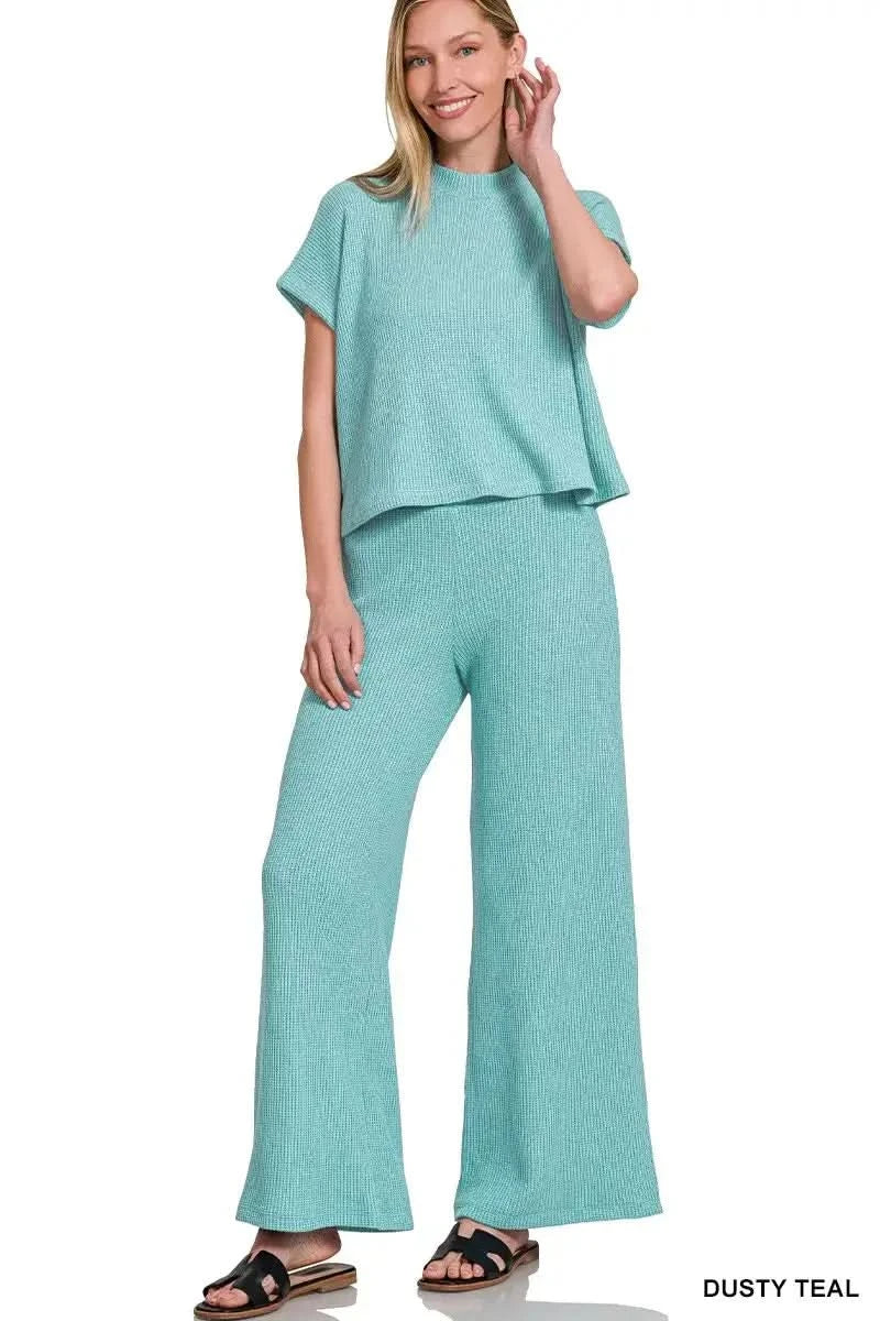 Zenana Sweater Boxy Top & Long Pants Set in DUSTY TEAL - photo