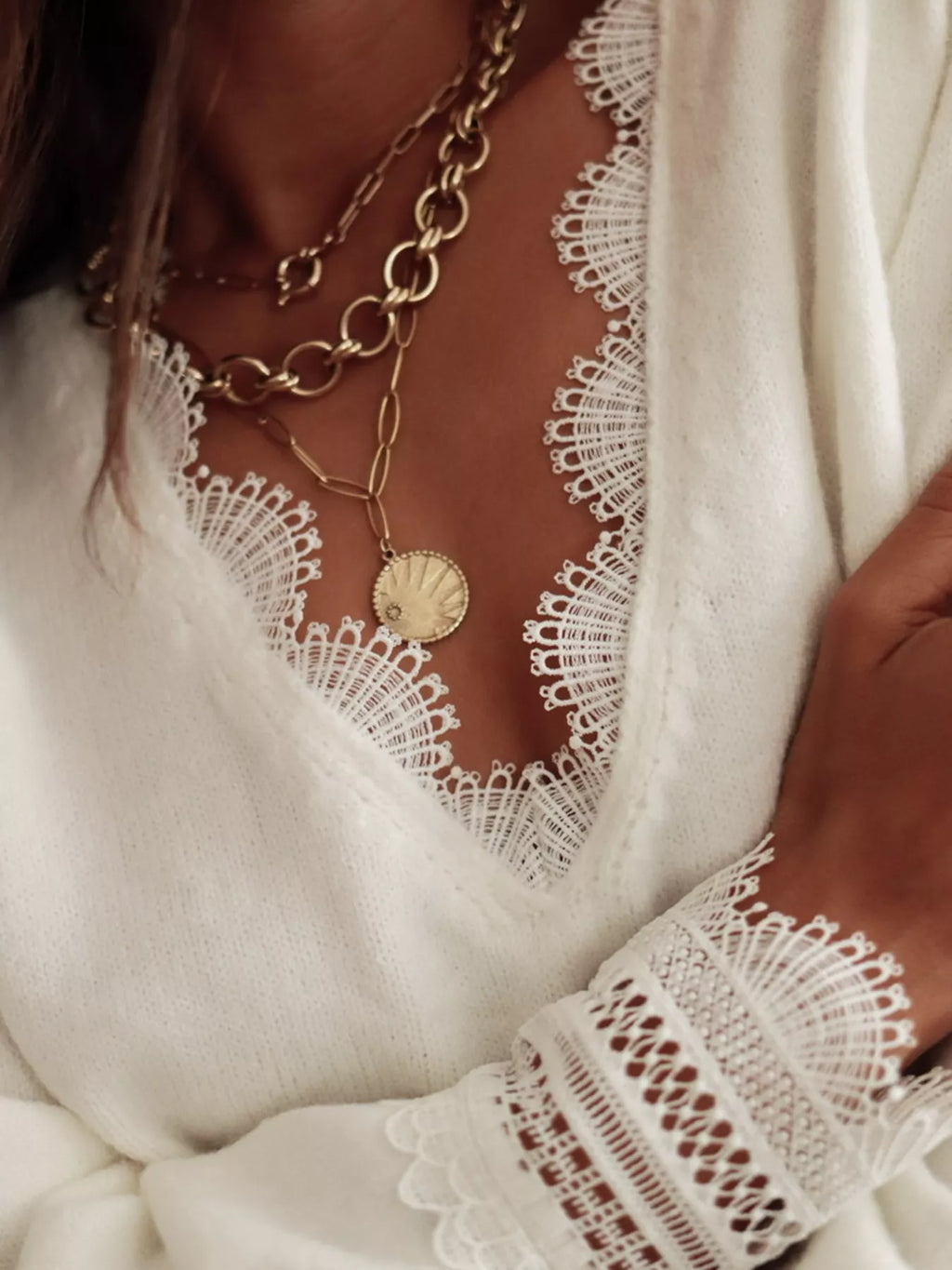 Lace Trim V-Neck Sweater - SwagglyLife Home & Fashion