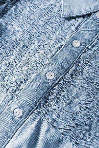 Smocked Collared Neck Cap Sleeve Denim Dress - SwagglyLife Home & Fashion