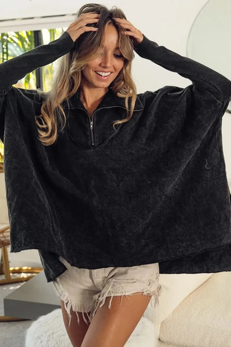 BiBi Vintage Washed Quilted Half Zip Top - SwagglyLife Home & Fashion