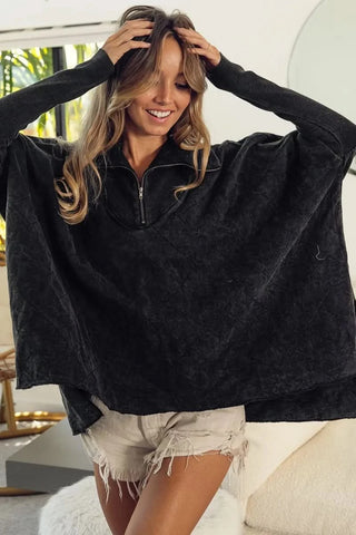 BiBi Vintage Washed Quilted Half Zip Top - SwagglyLife Home & Fashion BiBi Vintage Washed Quilted Half Zip Top - SwagglyLife Home & Fashion