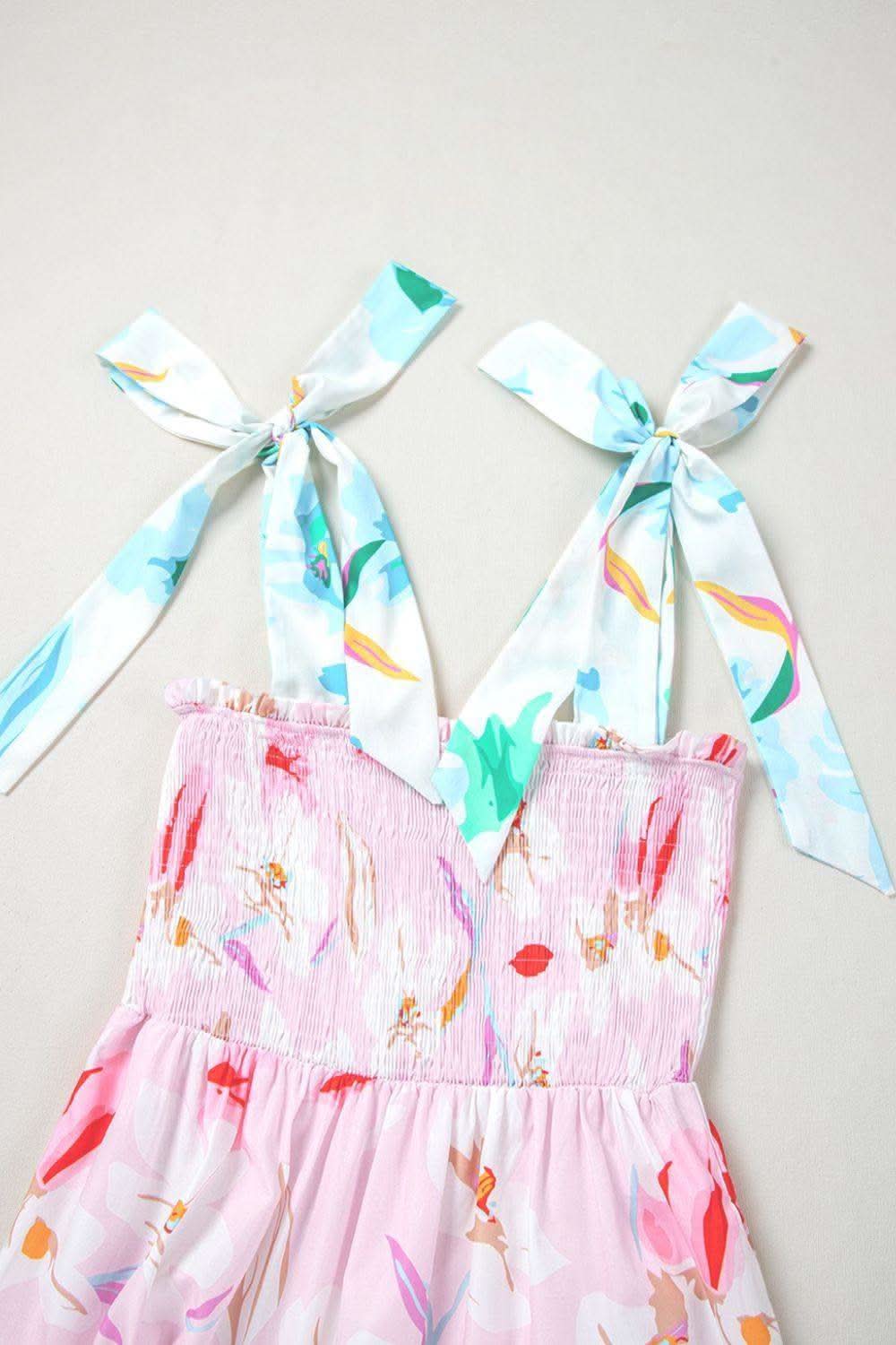 Floral Print Knotted Shoulder Smocked Maxi Dress in - Dresses photo