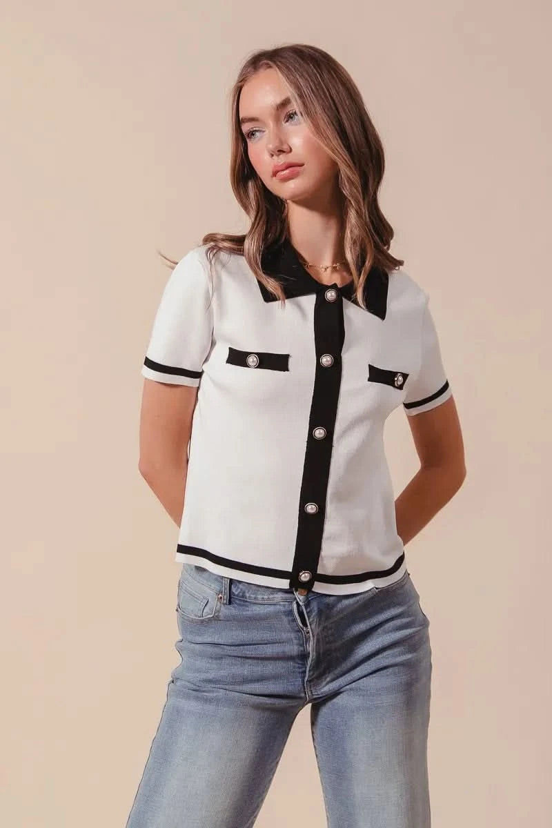 SO ME Button Down Knitted Sweater Shirt Top in - photo