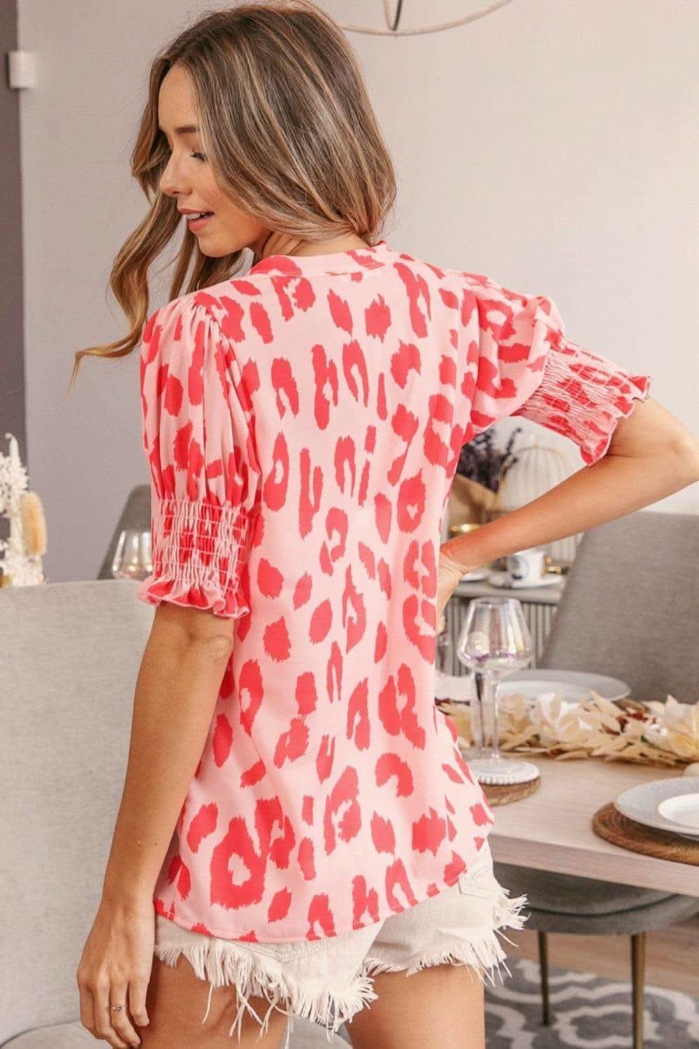 BiBi Leopard Smocked Short Sleeve Blouse - SwagglyLife Home & Fashion