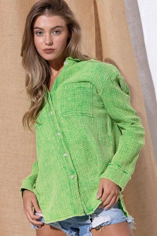 Washing Wrinkled Gauze Button Down Shirt With Rough Edge - SwagglyLife Home & Fashion Washing Wrinkled Gauze Button Down Shirt With Rough Edge - SwagglyLife Home & Fashion