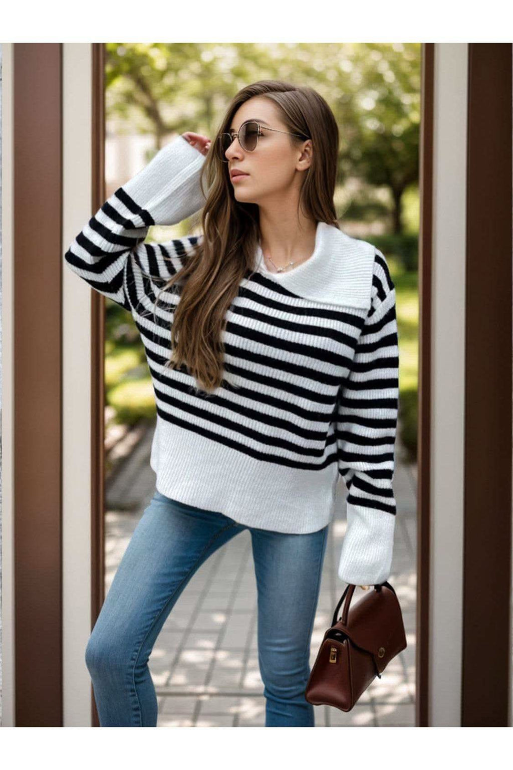 Sonia Striped Collared Neck Long Sleeve Sweater - SwagglyLife Home & Fashion