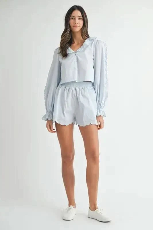 MABLE Long Sleeve Scallop Blouse and Shorts Set in - photo